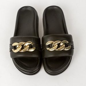 Dune Black Leather Slip On Sandals